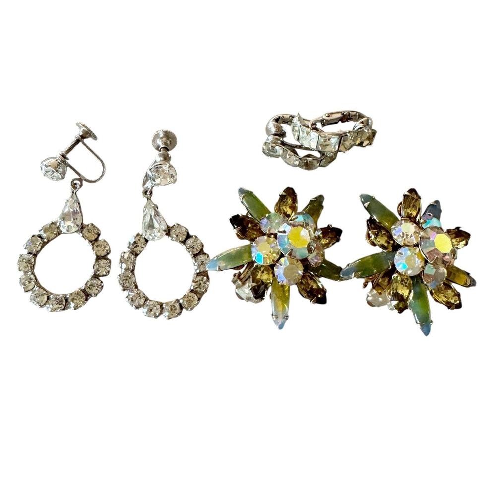 Three Pairs Of‎ Vintage Clip On & Screw On Earrings Rhinestones Costume Jewelry